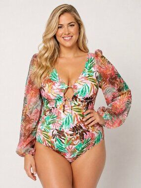 Kim Gravel x Swimsuits For All Size 18 W Chiffon Sleeve One-Piece Daquiri Palm